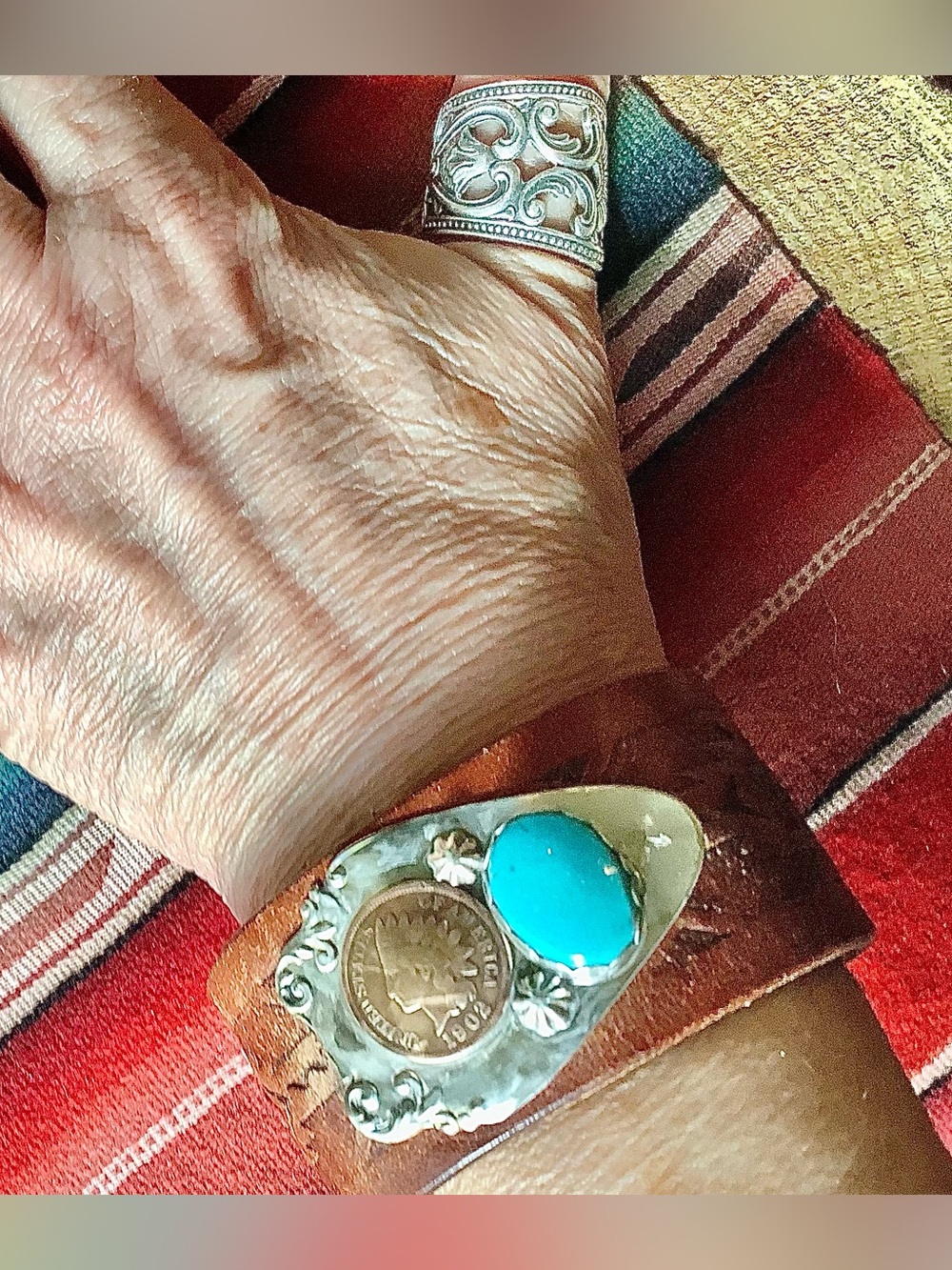 Turquoise & Coin Cuff, adjustable - Picture 9 of 10